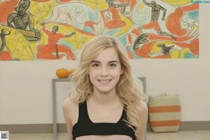 A woman standing in front of a painting in a room.