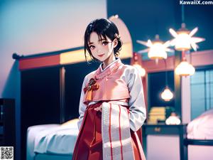 A woman in a kimono standing in front of a bed.